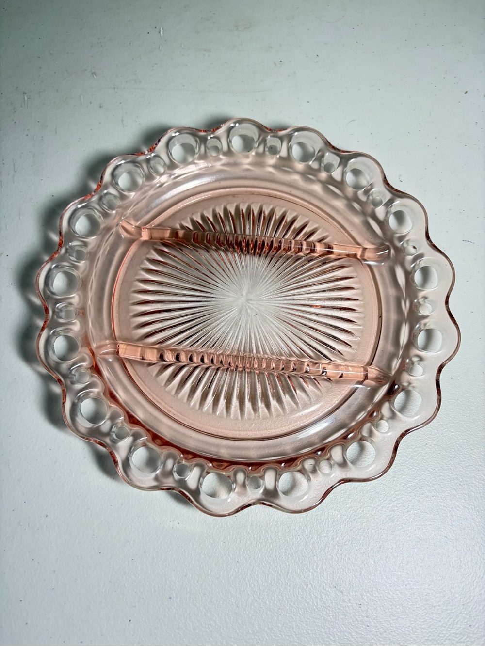 Vintage Pink Lace Edge 3 Part Relish 10.5 Inch Diameter Depression Glass